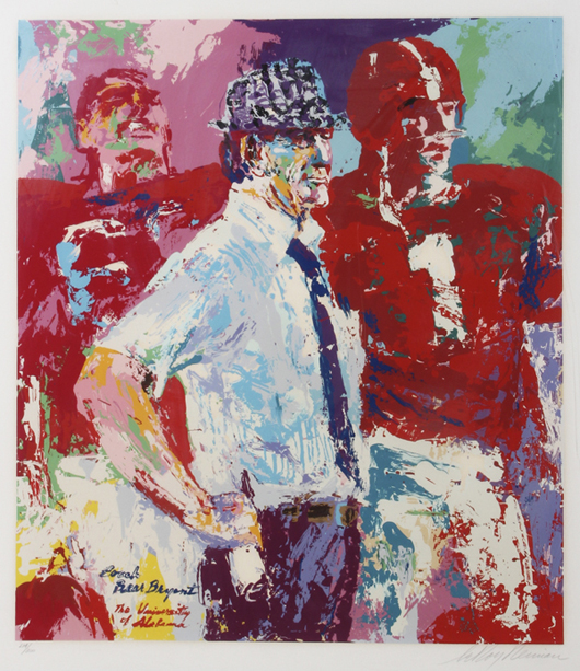Signed Leroy Neiman Bear Bryant serigraph (214/300), 47 x 40 3/4 inches (frame), 36 1/2 x 32 inches (sight). Estimate: $200-$400. Material Culture image.