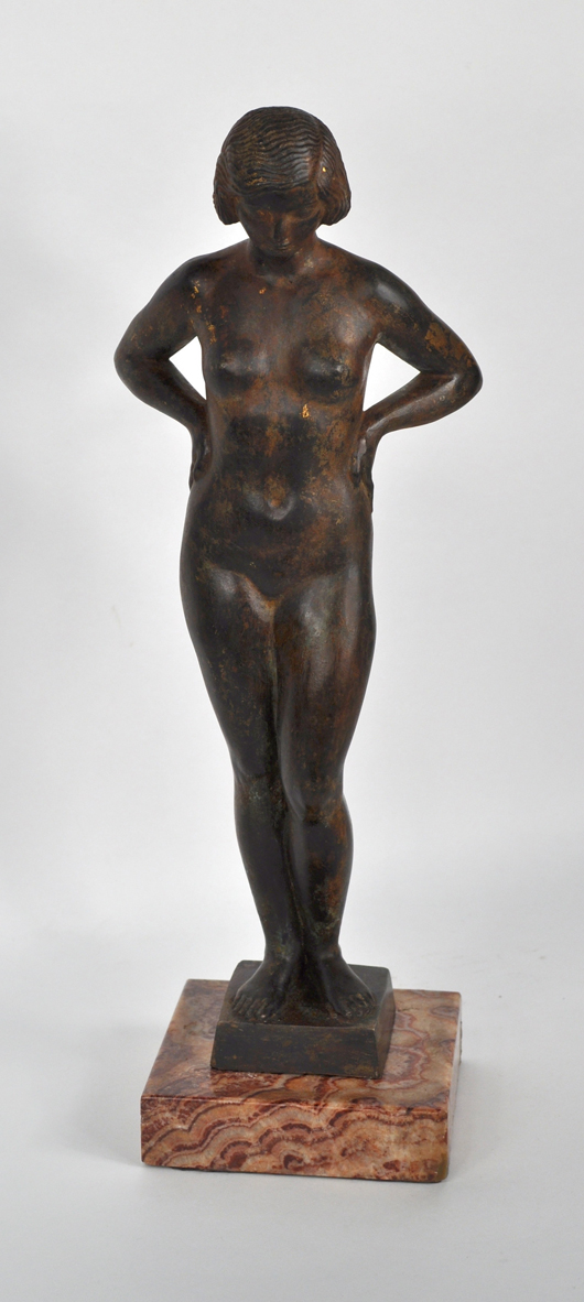 Paul Manship, nude study, gilt bronze, $10,455. Woodbury Auctions image.
