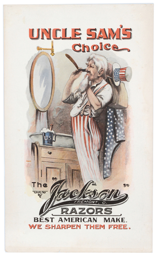 The Uncle Sam image not only represented the United States but was also used to endorse products. This 100-year-old lithographed sign praised the Jackson razor that was used to shave Uncle Sam's beard. William Morford Auctions in Cazenovia, N.Y., sold this sign for $1,925 last fall.