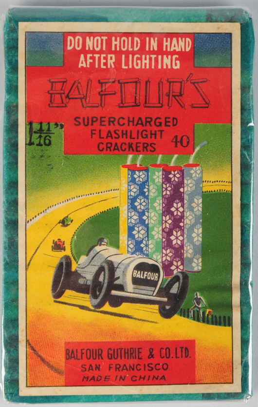 Balfour’s Firecrackers 40-pack manufactured by Balfour Guthrie & Co. Ltd., San Francisco, $3,900. Morphy Auctions image. 