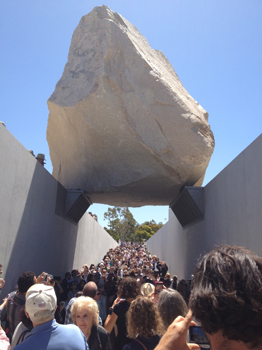 Michael Heizer's sculpture 'Levitated Mass' as seen from within the trench. Image by Marjobani. This work is licensed under the Creative Commons Attribution-ShareAlike 3.0 License.
