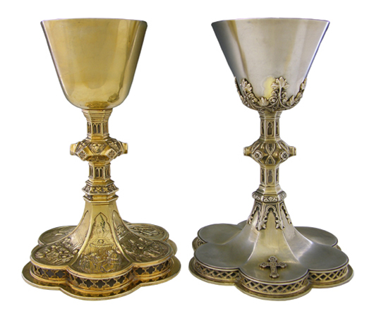 Twp gorgeous 20th century sterling silver chalices, one of them gilt washed. Crescent City Auction Gallery image.