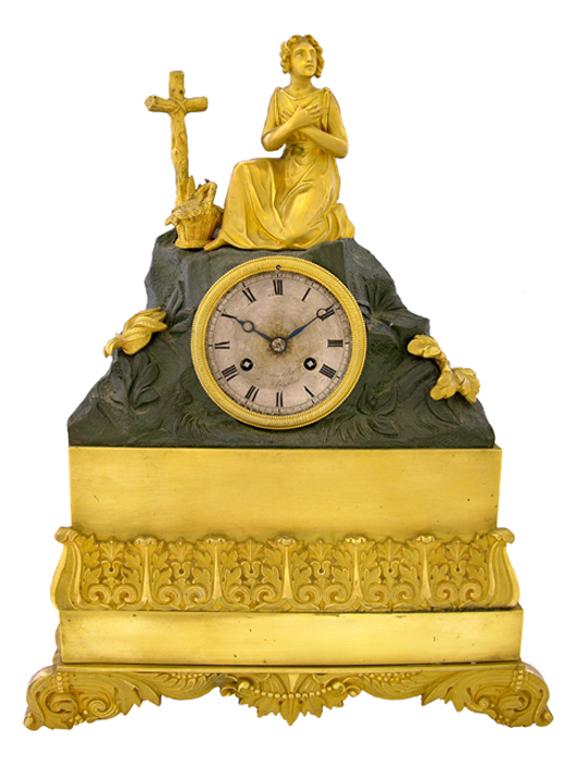 French First Empire gilt and patinated bronze mantel clock with hill-form top, circa 1810. Crescent City Auction Gallery image.