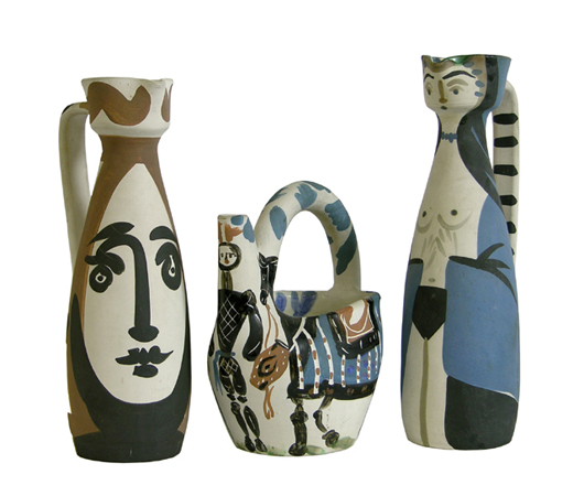 The auction will feature three mid-20th century ceramic pitchers by famed artist Pablo Picasso. Crescent City Auction Gallery image.