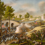 'The Battle of Antietam,' an 1888 lithograph by Kurz & Allison, depicting action at Burnside's Bridge. Image courtesy Wikimedia Commons.