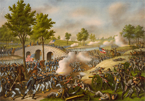 'The Battle of Antietam,' an 1888 lithograph by Kurz & Allison, depicting action at Burnside's Bridge. Image courtesy Wikimedia Commons.