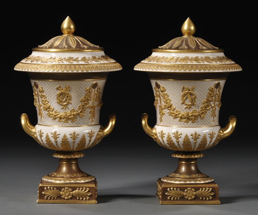 Pair of Wedgwood Victoriaware vases and covers, late 19th century. retailed by Bailey, Banks and Biddle of Philadelphia, 12 inches high. Estimate: $8,000-$10,000. Skinner Inc. image.