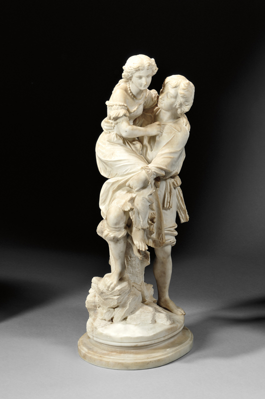 ‘Amorous Couple,’ Carrara marble sculpture, unsigned, Italian School, third quarter 19th century, 41 1/2 inches high. Estimate: $10,000-$15,000. Skinner Inc. image.