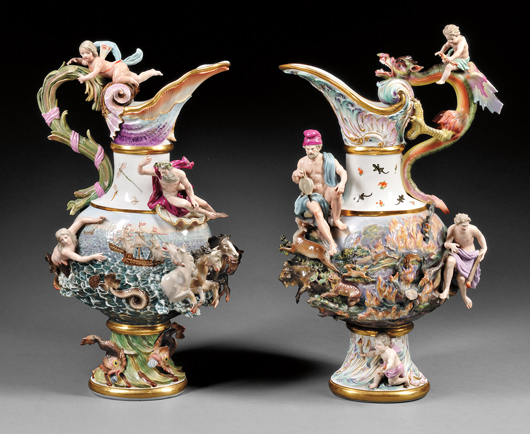 Two Meissen porcelain ewers emblematic of fire and water, circa 1880, after the 18th century models by J.J. Kaendler, 27 inches high. Estimate: $10,000-$15,000. Skinner Inc. image.