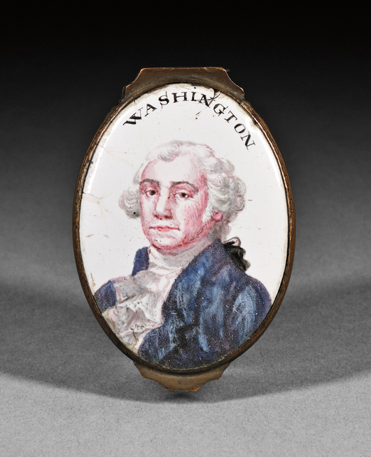 English enamel snuffbox with portrait of George Washington, possibly Bilston, late 18th/early 19th century, 1 1/4 inches high, 1 7/8 inches long,  2 3/4 inches long. Skinner Inc. image.
