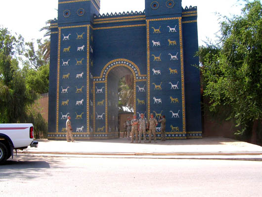 The replica Ishtar Gate in Babylon in 2004. The original gate to the inner city was constructed in about 575 B.C. by order of King Nebuchadnezzer II. This file is licensed under the Creative Commons Attribution-Share Alike 3.0 Unported license.