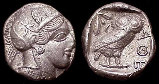 A genuine Athenian tetradrachm from after 499 B.C. Image courtesy Classical Numismatic Group Inc. This file is licensed under the Creative Commons Attribution-Share Alike 3.0 Unported license. 