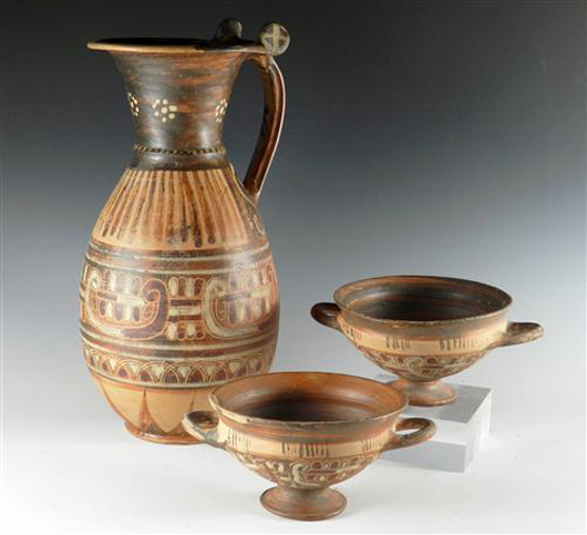 Etruscan pottery wine grouping, northern Italy, Etruria, circa sixth century B.C. Estimate: $6,000-$8,000. Antiquities-Saleroom image.