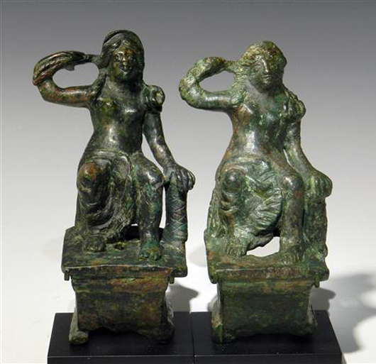 Pair of Roman bronze chariot fittings, Rome, circa 200-300 A.D. Estimate: $6,000-$8,000. Antiquities-Saleroom image.