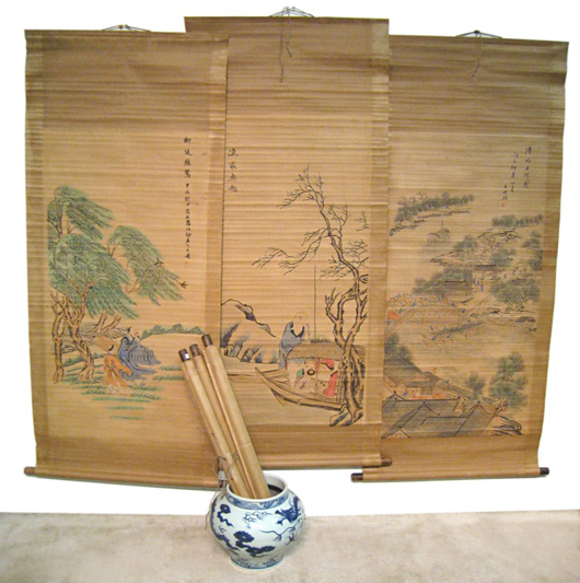 One lot of six antique Chinese scrolls, in polychrome with watercolors. Estimate: $1,000-$2,000. Gordon S. Converse & Co. image.