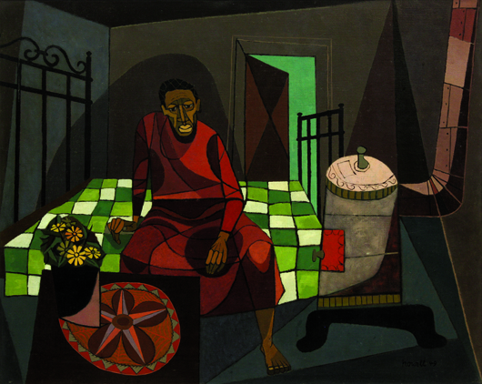 ‘Man Sitting on Quilted Bed,’ 1949, is an excellent example of the works of Claude Howell (American, 1915-1997), who is regarded as the most important painter of native North Carolina art. Estimate: $15,000-$25,000. Clars Auction Gallery image.