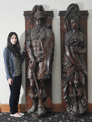 Pair of American figural carved oak pilasters depicting Mars, the Roman god of war, together with Venus, 86 inches tall. Estimate: $10,000-$15,000. Fairfield Auction image.