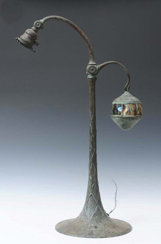 Tiffany Studios bronze counterbalance lamp base, 27 inches high, with Favrile glass paneled counterbalance impressed 'Tiffany Studios/10923.' Estimate: $4,000-$6,000. Fairfield Auction image. 