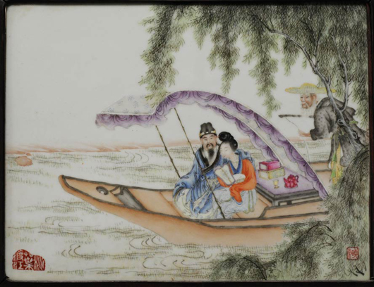 Chinese porcelain plaque signed Yu Wenxiang (1910-1993), senior master at Zhushan, 8 inches x 10 1/2 inches. Estimate: $20,000-$30,000. Fairfield Auctipon image. 