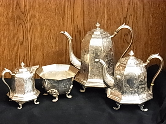 4-pc. Ball Tompkins & Black coin silver teaset by silversmith J.C. Moore, pre Tiffany. Hess image.