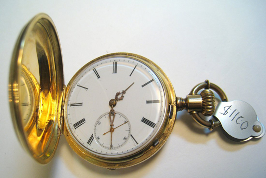 Fine Swiss watch by Nardin, in a gold and black enamel hunting case, 41 millimeters in diameter. Gordon S. Converse & Co. image.