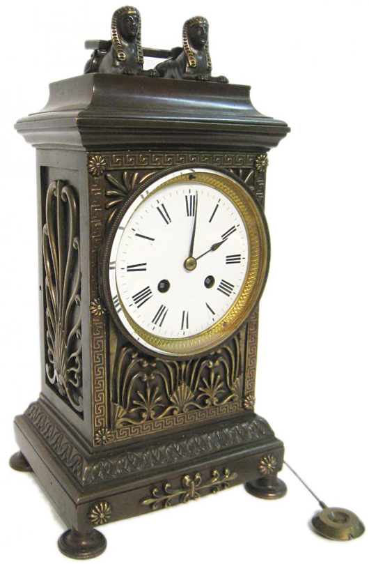 This gorgeous Sphinx shape mantel clock, 14 1/2 inches tall, should realize $1,500-$3,000. Gordon S. Converse & Co. image.