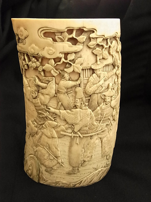Fine antique Japanese carved ivory tusk, signed by artist. Hess image.