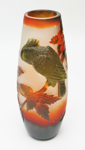 Galle vase with applied parrot, est. $500-$1,500. M.G. Neely image.