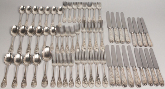 Antiques influenced late 19th century fashion for japonisme, which was fueled by world’s fairs, frequently come up at auction. In February, Case Auctions in Knoxville sold this 61-piece set of Tiffany “Audubon” pattern silver flatware for $9,512 over a $4500-6500 estimate. Courtesy Case Auctions