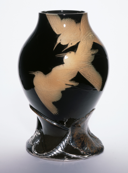 Among the objects on display in Inventing the Modern World is this Rookwood Pottery vase decorated by Kataro Shirayamadani (1865–1948), which was exhibited at the 1900 Paris Exposition Universelle.  The Japanese-born artist was superbly qualified to satisfy the popular demand for decorative arts influenced by Asian styles. Courtesy Cincinnati Art Museum