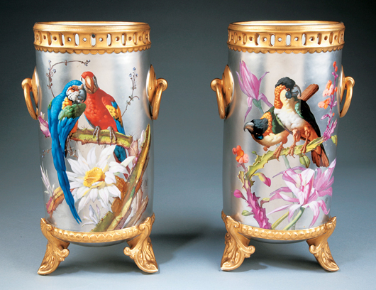 This pair of cylindrical ceramic vases with elaborate polychrome decoration brought $11,456 at Neal Auction Company in New Orleans in 2007. Adding to their value was an inscription on the base: “S. Child & Co., Baltimore, Exposition Universelle Paris 1878.” Courtesy Neal Auction Company