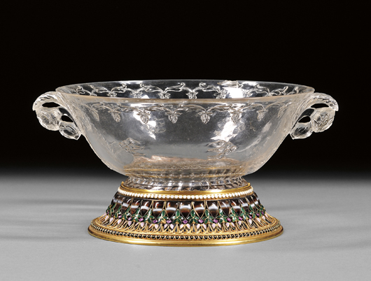 London goldsmith Robert Phillips made exquisite gold mountings for antique Mughal carved rock crystal bowls; this example sold at Skinner’s last October for $201,450. Phillips exhibited at the 1867 Paris Exposition Universelle, and this object may have been part of his display there. Courtesy Skinner Inc.