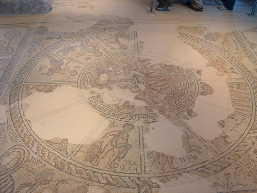  A mosaic floor in a sixth century synagogue in Israel pictures the zodiac. Image courtesy Wikimedia Commons. 