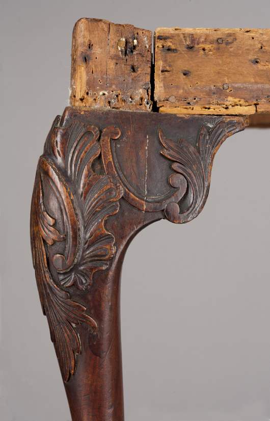 The carved knee of one of the governor's council chairs. Image courtesy Colonial Williamsburg.