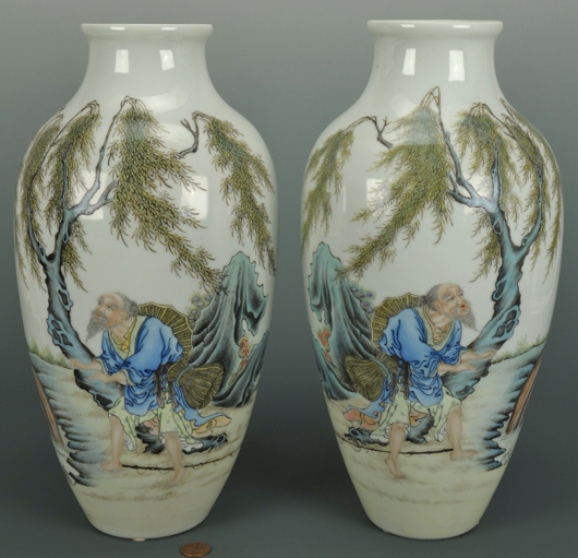 A pair of Chinese Republic Period vases with fisherman motif sold for $6,960 (est. $700-900). Case Antiques image.