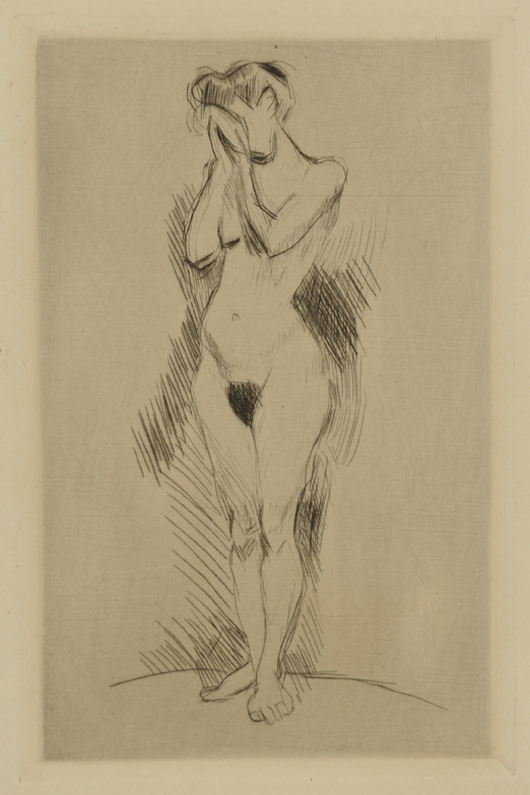 Signed Henri Matisse (French, 1869-1954) nude etching with drypoint, 'The Weeper,' sold for $11,600. Case Antiques image.