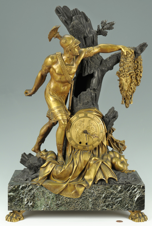 There was strong international interest on this French Restoration period gilt and patinated bronze clock, depicting Jason and the Golden Fleece. It sold for $19,140 despite missing its original works. Case Antiques image.