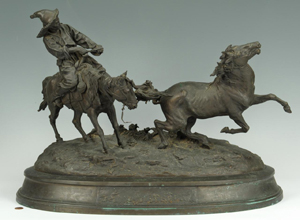 Evgeni Alexandrovich Lanceray (Russian, 1848-1886) large patinated bronze 'Capture of a Wild Kirghiz Horse', inscribed E. Lanceray in cyrillic, with foundry mark for F. Chopin in cyrillic, galloped past its $10,000-$15,000 estimate to earn $39,440. It was one of several international lots in the auction that did well and attracted multiple phone and internet bidders. Case Antiques image.