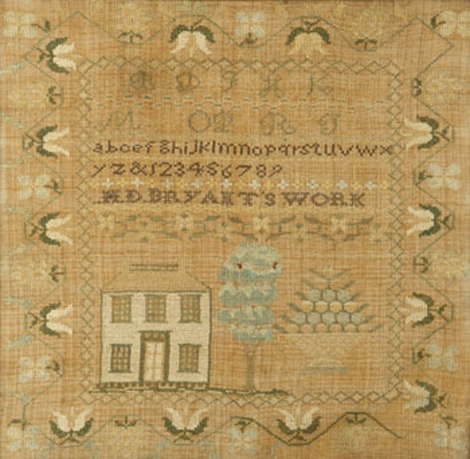 A scarce Tennessee needlework sampler with house decoration, worked by Harriet Bryant in about 1835, brought $11,600. Case Antiques image.