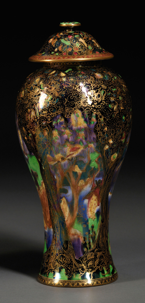 Wedgwood Fairyland Luster vase and cover, England, circa 1920, 11 1/4 inches high. Realized: $23,700. Skinner Inc. image.
