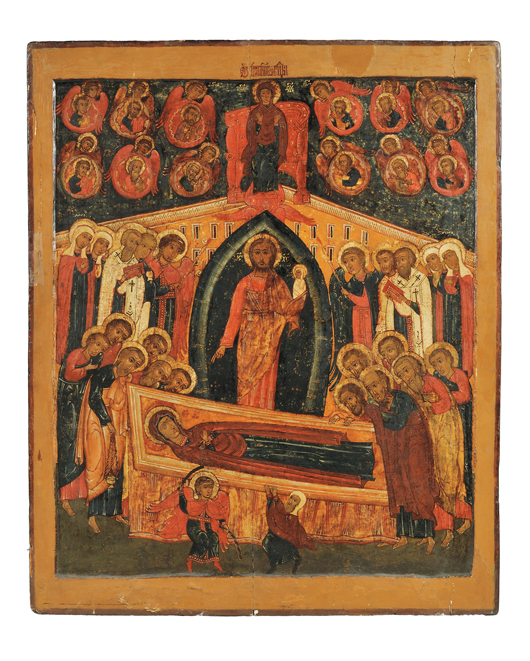 Russian church icon depicting the ‘Dormition of the Virgin,’ 19th century, 45 1/2 x 37 1/2 inches. Realized: $24,885. Skinner Inc. image.
