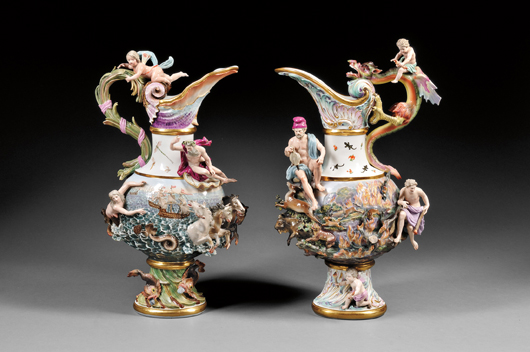 Two Meissen porcelain ewers, circa 1880, height to 27 inches. Realized: $44,437.50. Skinner Inc. image.