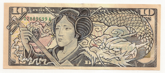 Painting on U.S. currency by James Charles, San Francisco. Image courtesy of Shooting Gallery.