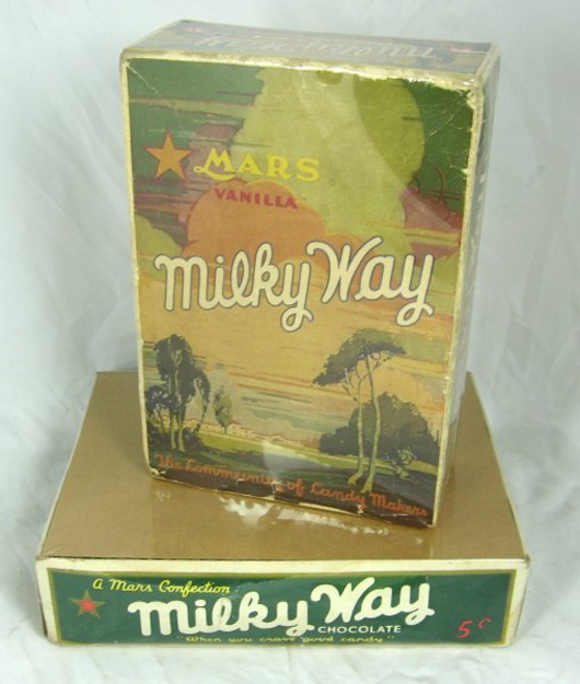Vintage Milky Way candy boxes. Frank C. Mars created the Milky Way chocolate bar in 1923. Image courtesy LiveAuctioneers.com Archive and Classic Edge Auctions.