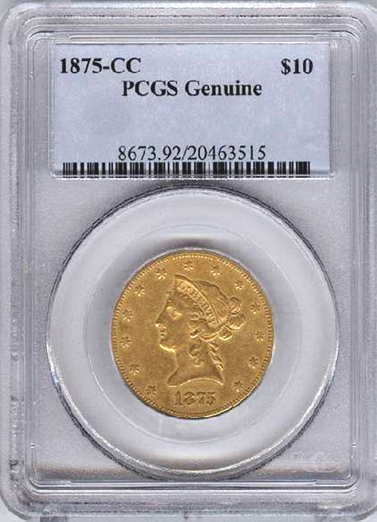 1875-CC $10 Liberty PCGS genuine cleaned gold coin, est. $14,100-$28,200. Government Auction image.
