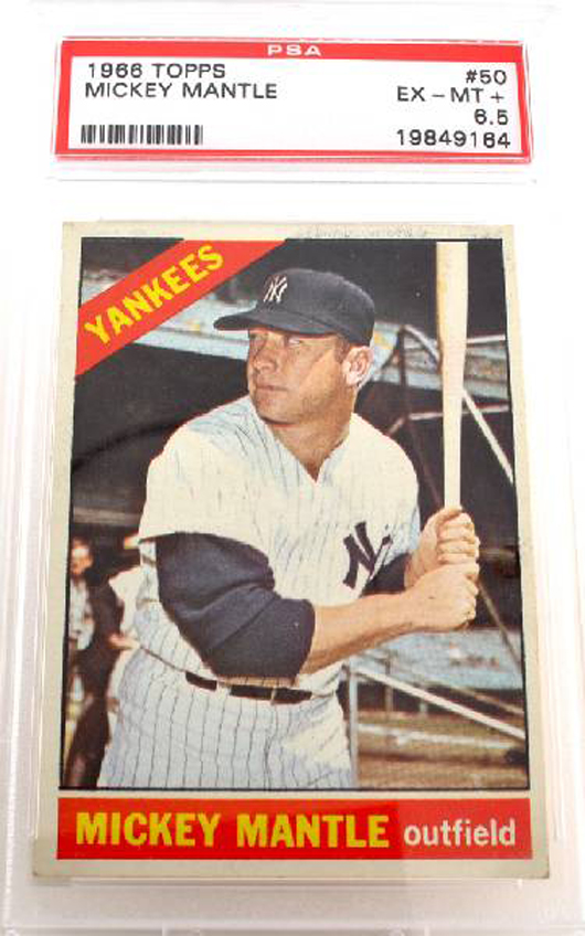 1966 Topps #50 Mickey Mantle baseball card, est. $675-$1,350. Government Auction image.