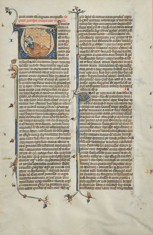 Illuminated manuscript vellum leaf, France, late 13th century. Gray's Auctioneers image.
