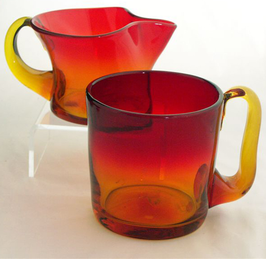Blenko Glass Co. no 667-S pitcher in tangerine with wheat handle. Museum of American Glass image.