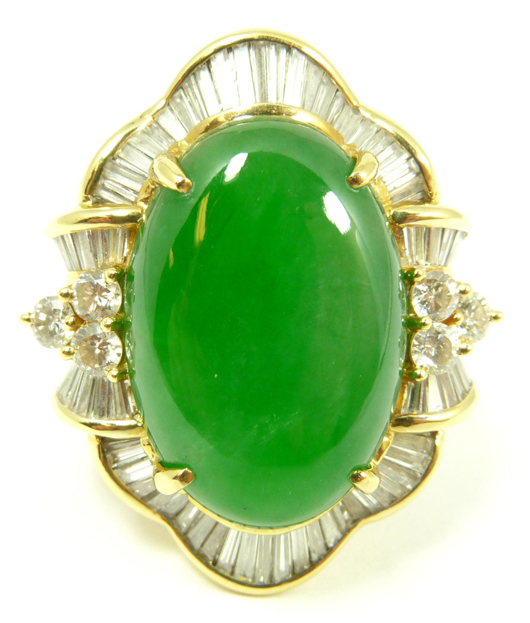Woman's 18k yellow gold imperial jadeite cabochon and diamond ring/pendant combination. Elite Decorative Arts image.