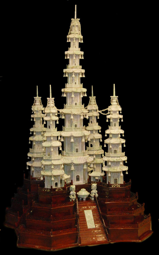 Palace-size Chinese carved jadeite pagoda village, featuring five pagoda towers, 98 inches tall. Elite Decorative Arts image.